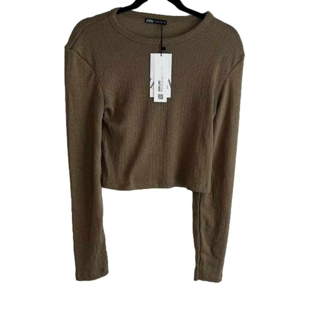 Nwt ZARA Women's Cropped Sweater Long Sleeves Scoop Neck Tan Size Large
